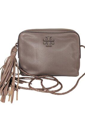 Tory Burch Taupe Brown Pebbled Leather McGraw Tassel Crossbody Camera Bag VIDEO